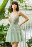 A Line Spaghetti Straps Green Short Homecoming Dress med Appliques