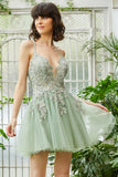 A Line Spaghetti Straps Green Short Homecoming Dress med Appliques