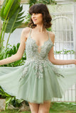 A Line Spaghetti Straps Green Short Homecoming Dress med Appliques