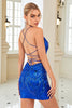 Load image into Gallery viewer, skjede spaghetti stropper kongelig blå paljetter kort homecoming kjole