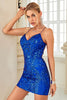 Load image into Gallery viewer, skjede spaghetti stropper kongelig blå paljetter kort homecoming kjole