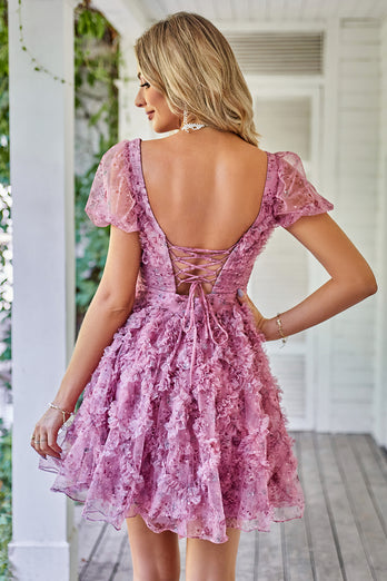 Floral A Line Purple Homecoming Dress med Ruffles