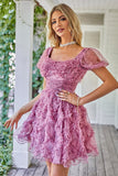 Floral A Line Purple Homecoming Dress med Ruffles