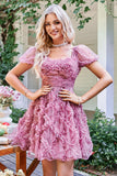 Floral A Line Purple Homecoming Dress med Ruffles