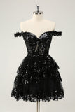 Sparkly Black En linje av skulderen Korsett Tiered Lace Short Homecoming Dress