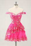 Søt Sparkly Hot Pink A Line Tiered Corset Lace Short Homecoming Dress