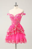 Søt Sparkly Hot Pink A Line Tiered Corset Lace Short Homecoming Dress