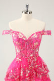 Søt Sparkly Hot Pink A Line Tiered Corset Lace Short Homecoming Dress