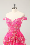 Søt Sparkly Hot Pink A Line Tiered Corset Lace Short Homecoming Dress