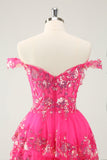 Søt Sparkly Hot Pink A Line Tiered Corset Lace Short Homecoming Dress