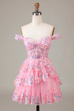 Søt Sparkly Hot Pink A Line Tiered Corset Lace Short Homecoming Dress