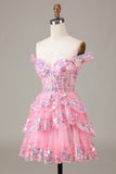 Søt Sparkly Hot Pink A Line Tiered Corset Lace Short Homecoming Dress