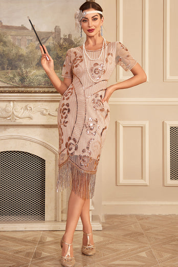 Sparkly Blush Fringed 1920 Flapper Dress