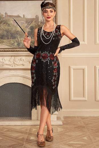 Svart ermeløs paljetter 1920-tallet Flapper kjole med frynser