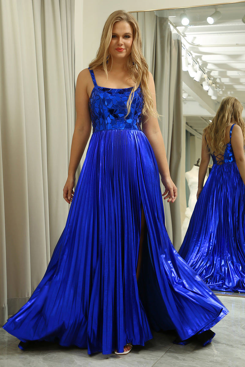 Load image into Gallery viewer, Sparkly Lace-Up Back Royal Blue Prom kjole med Slit