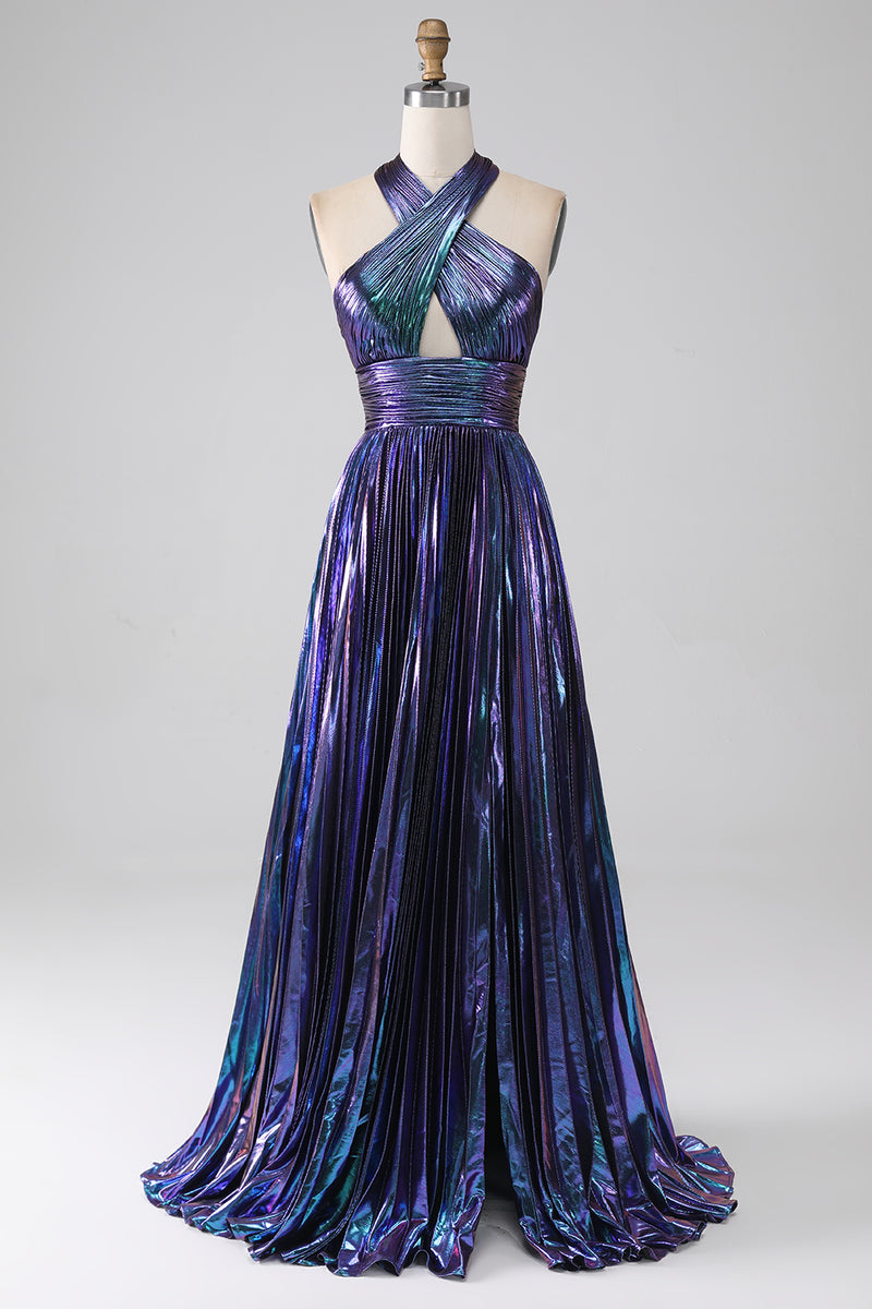 Load image into Gallery viewer, Sparkly Purple Halter A Line Prom Dress med plissert