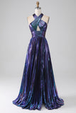 Sparkly Purple Halter A Line Prom Dress med plissert