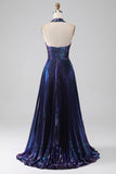 Sparkly Purple Halter A Line Prom Dress med plissert