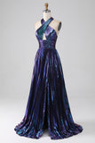 Sparkly Purple Halter A Line Prom Dress med plissert