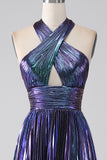 Sparkly Purple Halter A Line Prom Dress med plissert