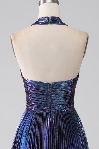 Sparkly Purple Halter A Line Prom Dress med plissert