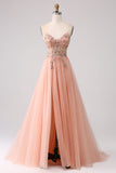 Sparkly Blush A Line paljetter Spaghetti stropper Long Prom Dress With Slit