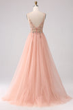 Sparkly Blush A Line paljetter Spaghetti stropper Long Prom Dress With Slit