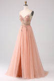 Sparkly Blush A Line paljetter Spaghetti stropper Long Prom Dress With Slit