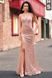 Rose Gold Mermaid Beaded Ruched Sequin Corset Prom kjole med side spalt