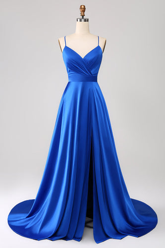Royal Blue A Line Spaghetti stropper Satin Prom kjole med Slit