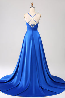 Royal Blue A Line Spaghetti stropper Satin Prom kjole med Slit
