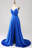 Royal Blue A Line Spaghetti stropper Satin Prom kjole med Slit