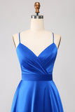 Royal Blue A Line Spaghetti stropper Satin Prom kjole med Slit