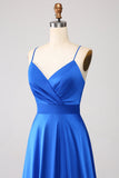 Royal Blue A Line Spaghetti stropper Satin Prom kjole med Slit