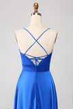 Royal Blue A Line Spaghetti stropper Satin Prom kjole med Slit