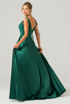 Mørkegrønn A-Line Spaghetti stropper Ruched Long brudepike kjole med Slit