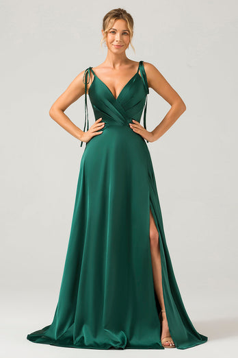 Mørkegrønn A-Line Spaghetti stropper Ruched Long brudepike kjole med Slit