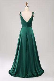 Enkle mørkegrønne spaghettistropper Ruched Prom kjole med spalt
