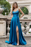 Sparkly Dark Blue A Line Plissert korsett Beaded Long Prom Kjole Med Slit