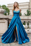 Sparkly Dark Blue A Line Plissert korsett Beaded Long Prom Kjole Med Slit