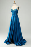 Sparkly Dark Blue A Line Corset Beaded Long Prom Dress With Slit