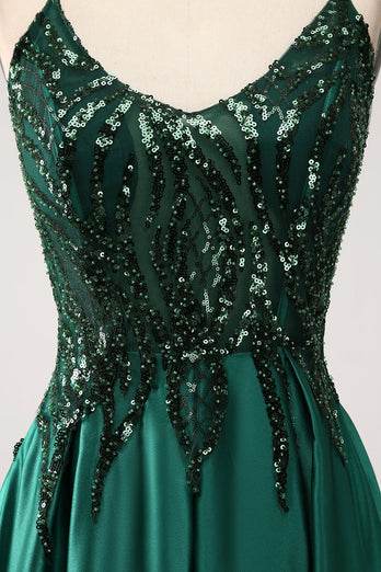 Mørkegrønn A-Line Spaghetti stropper Long Prom Dress