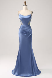 Mermaid Grey Blue Satin Spaghetti stropper Long Prom Dress