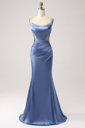 Mermaid Grey Blue Satin Spaghetti stropper Long Prom Dress