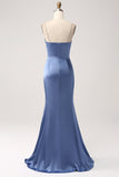 Mermaid Grey Blue Satin Spaghetti stropper Long Prom Dress