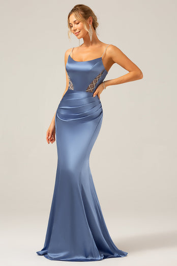 Havfrue grå blå sateng spaghetti stropper plissert maxi kjole