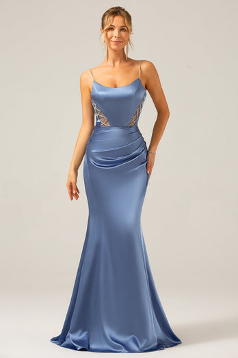 Havfrue grå blå sateng spaghetti stropper plissert maxi kjole