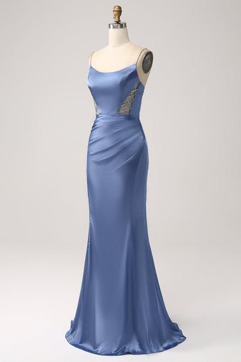 Mermaid Grey Blue Satin Spaghetti stropper Long Prom Dress