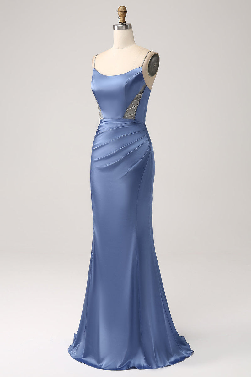 Load image into Gallery viewer, Mermaid Grey Blue Satin Spaghetti stropper Long Prom Dress