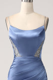 Mermaid Grey Blue Satin Spaghetti stropper Long Prom Dress